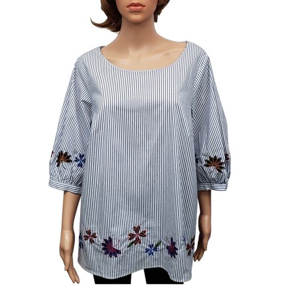 Eloquii Blouse Tunic Top Plus14 Blue White Pinstriped Floral Embroidered Boho - Picture 3 of 14